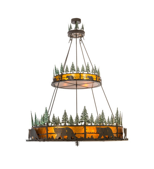 Meyda Lighting Bear in the Woods 72" 12-Light 2-Tier Timeless Bronze & Green Trees Inverted Pendant Light With Amber Mica Shade Glass