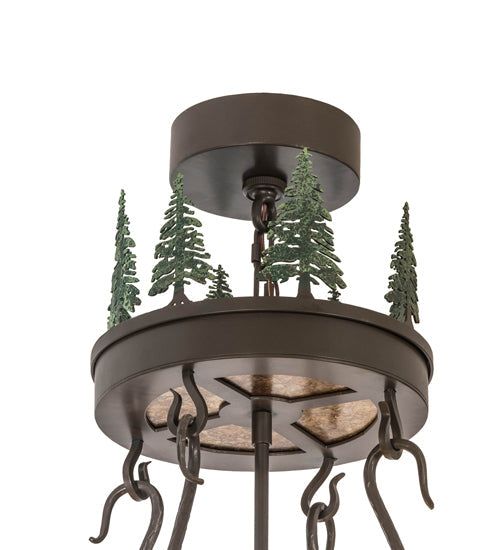Meyda Lighting Bear in the Woods 72" 12-Light 2-Tier Timeless Bronze & Green Trees Inverted Pendant Light With Amber Mica Shade Glass