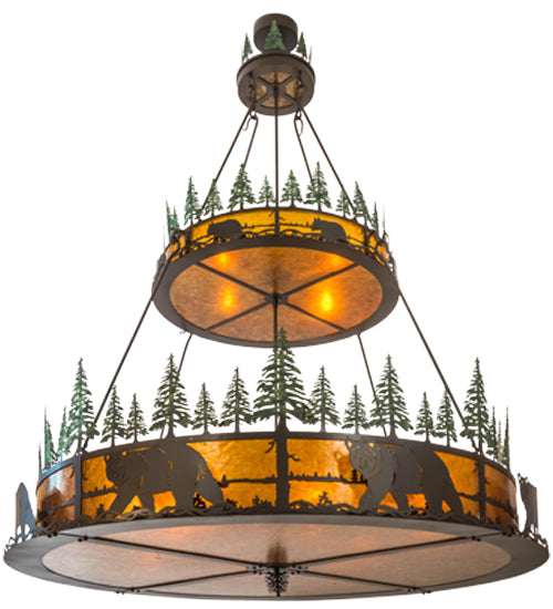 Meyda Lighting Bear in the Woods 72" 12-Light 2-Tier Timeless Bronze & Green Trees Inverted Pendant Light With Amber Mica Shade Glass