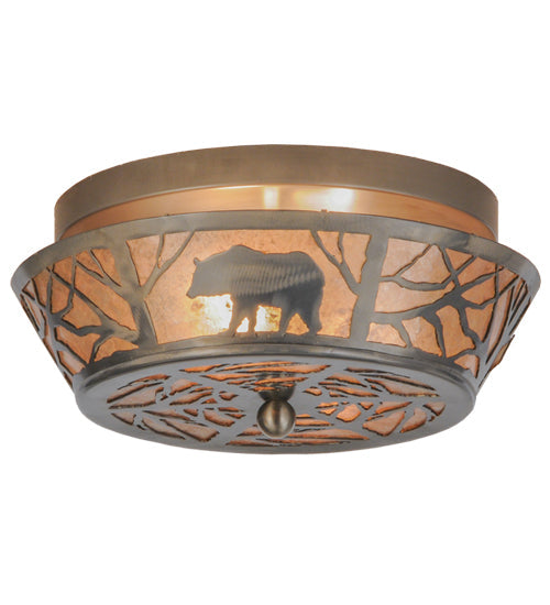 Meyda Lighting Bear on the Loose 13" 2-Light Industrial Steel Flush Mount Light With Silver Mica Shade Glass