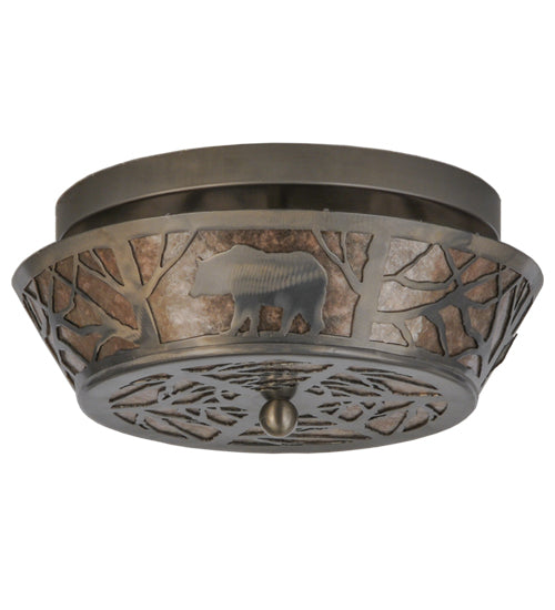 Meyda Lighting Bear on the Loose 13" 2-Light Industrial Steel Flush Mount Light With Silver Mica Shade Glass