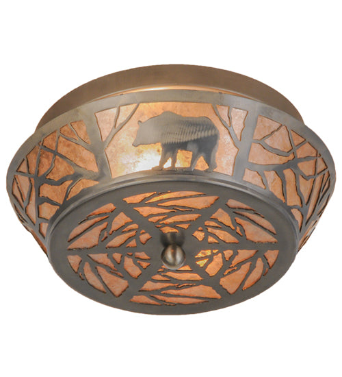 Meyda Lighting Bear on the Loose 13" 2-Light Industrial Steel Flush Mount Light With Silver Mica Shade Glass