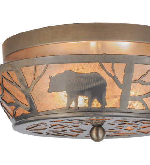 Meyda Lighting Bear on the Loose 13" 2-Light Industrial Steel Flush Mount Light With Silver Mica Shade Glass