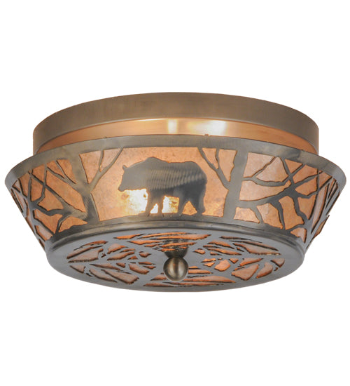 Meyda Lighting Bear on the Loose 13" 2-Light Industrial Steel Flush Mount Light With Silver Mica Shade Glass