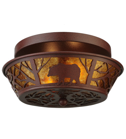 Meyda Lighting Bear on the Loose 14" 2-Light Rust Flush Mount Light With Amber Mica Shade Glass