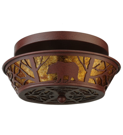 Meyda Lighting Bear on the Loose 14" 2-Light Rust Flush Mount Light With Amber Mica Shade Glass