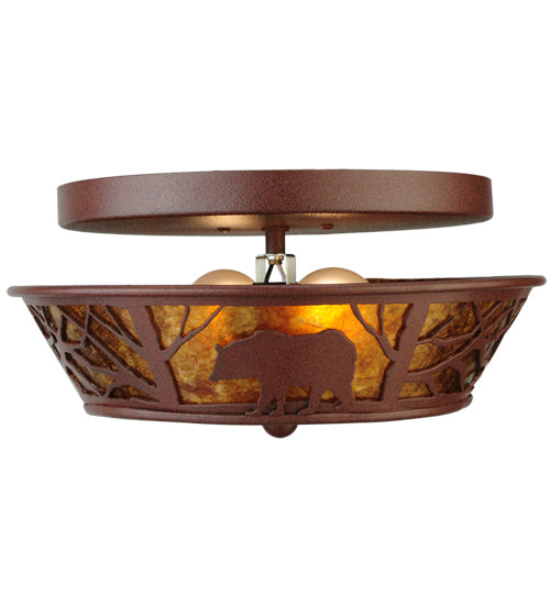 Meyda Lighting Bear on the Loose 14" 2-Light Rust Flush Mount Light With Amber Mica Shade Glass
