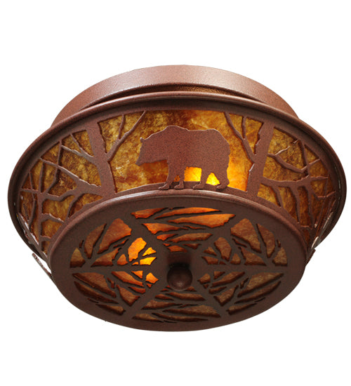 Meyda Lighting Bear on the Loose 14" 2-Light Rust Flush Mount Light With Amber Mica Shade Glass