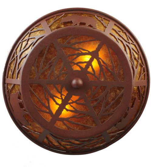 Meyda Lighting Bear on the Loose 14" 2-Light Rust Flush Mount Light With Amber Mica Shade Glass