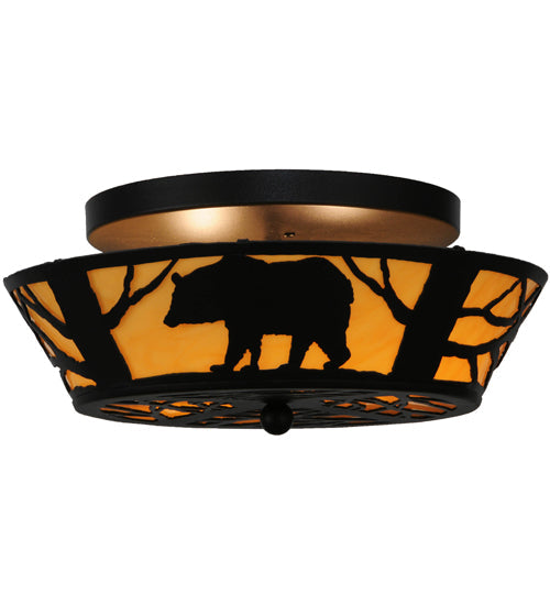 Meyda Lighting Bear on the Loose 16" 2-Light Textured Black Flush Mount Light With Beige Tawnyrock Idalight Shade Glass