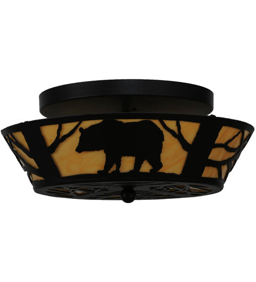Meyda Lighting Bear on the Loose 16" 2-Light Textured Black Flush Mount Light With Beige Tawnyrock Idalight Shade Glass
