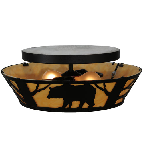 Meyda Lighting Bear on the Loose 16" 2-Light Textured Black Flush Mount Light With Beige Tawnyrock Idalight Shade Glass