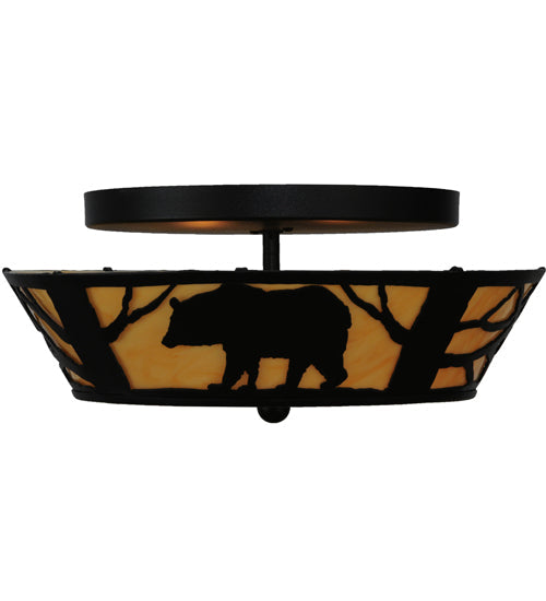 Meyda Lighting Bear on the Loose 16" 2-Light Textured Black Flush Mount Light With Beige Tawnyrock Idalight Shade Glass