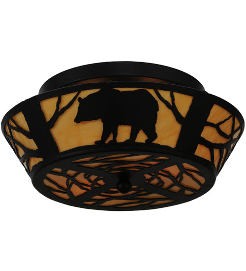Meyda Lighting Bear on the Loose 16" 2-Light Textured Black Flush Mount Light With Beige Tawnyrock Idalight Shade Glass