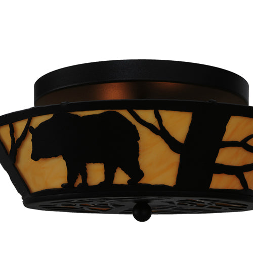 Meyda Lighting Bear on the Loose 16" 2-Light Textured Black Flush Mount Light With Beige Tawnyrock Idalight Shade Glass