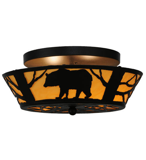 Meyda Lighting Bear on the Loose 16" 2-Light Textured Black Flush Mount Light With Beige Tawnyrock Idalight Shade Glass