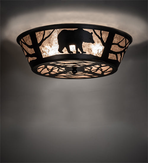 Meyda Lighting Bear on the Loose 17" Textured Black Flush Mount Light With Silver Mica Shade Glass