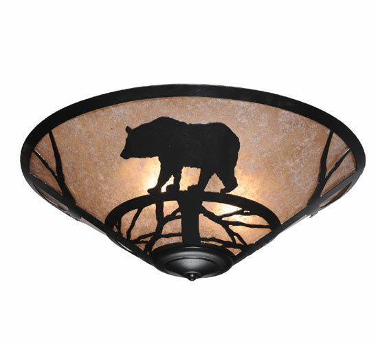 Meyda Lighting Bear on the Loose 22" 3-Light Textured Black Flush Mount Light With Silver Mica Shade Glass