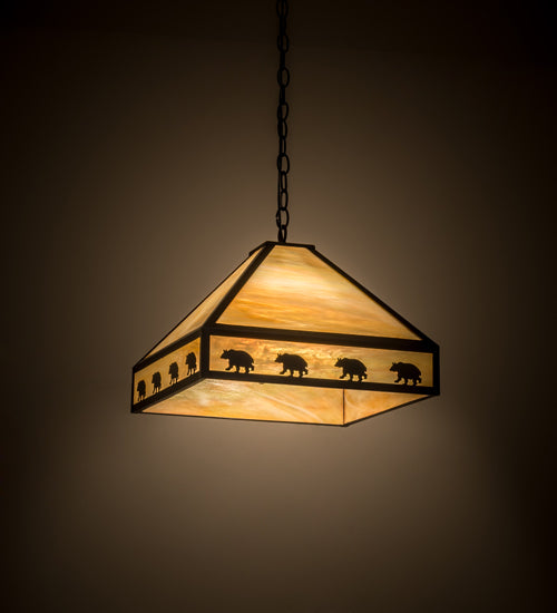 Meyda Lighting Bear on the Loose 23" 3-Light Craftsman Brown Pendant Light With Beige Iridescent Art Shade Glass