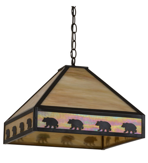 Meyda Lighting Bear on the Loose 23" 3-Light Craftsman Brown Pendant Light With Beige Iridescent Art Shade Glass
