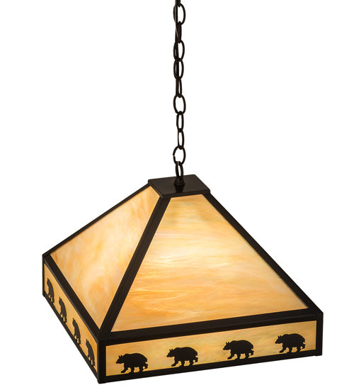 Meyda Lighting Bear on the Loose 23" 3-Light Craftsman Brown Pendant Light With Beige Iridescent Art Shade Glass