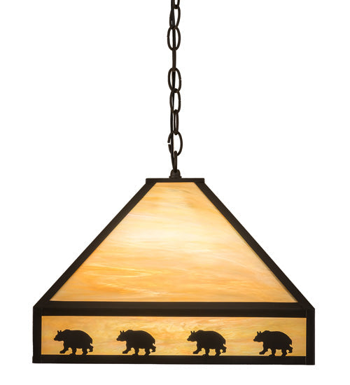 Meyda Lighting Bear on the Loose 23" 3-Light Craftsman Brown Pendant Light With Beige Iridescent Art Shade Glass
