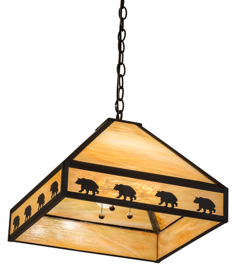 Meyda Lighting Bear on the Loose 23" 3-Light Craftsman Brown Pendant Light With Beige Iridescent Art Shade Glass