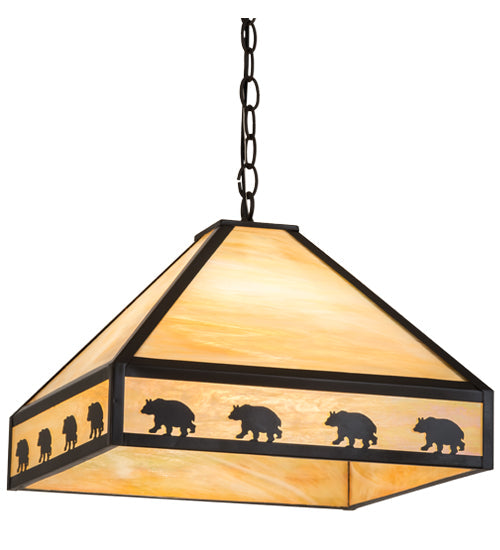 Meyda Lighting Bear on the Loose 23" 3-Light Craftsman Brown Pendant Light With Beige Iridescent Art Shade Glass