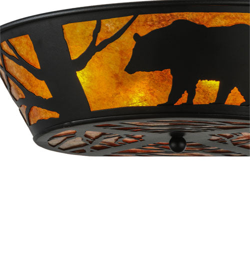 Meyda Lighting Bear on the Loose 23" 4-Light Textured Black Flush Mount Light With Amber Mica Shade Glass