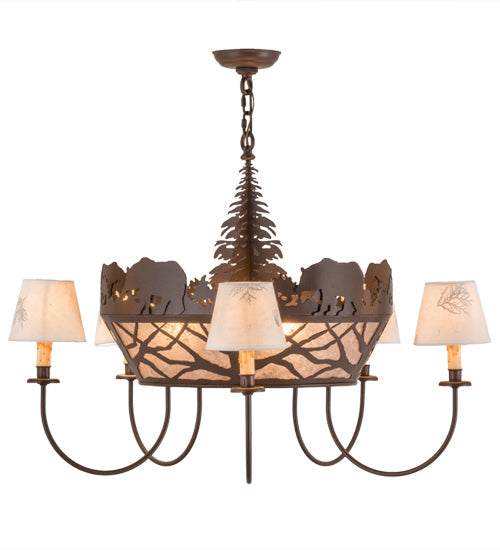 Meyda Lighting Bear on the Loose 36" 8-Light Cafe Noir Chandelier With Silver Mica & Beige Shade Glass
