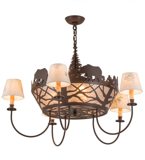 Meyda Lighting Bear on the Loose 36" 8-Light Cafe Noir Chandelier With Silver Mica & Beige Shade Glass
