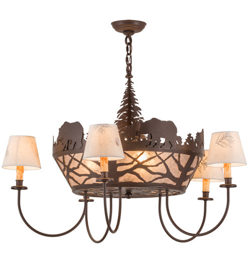 Meyda Lighting Bear on the Loose 36" 8-Light Cafe Noir Chandelier With Silver Mica & Beige Shade Glass