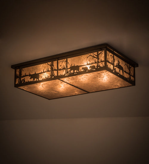 Meyda Lighting Bears and Moose at Lake 35" 8-Light Antique Copper Flush Mount Light With Silver Mica Shade Glass