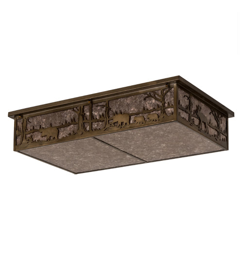 Meyda Lighting Bears and Moose at Lake 35" 8-Light Antique Copper Flush Mount Light With Silver Mica Shade Glass