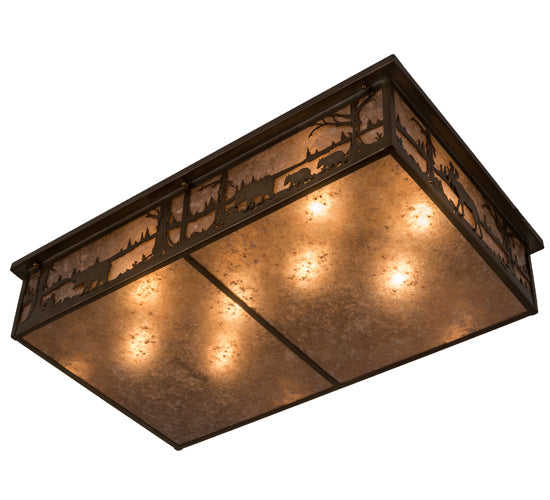 Meyda Lighting Bears and Moose at Lake 35" 8-Light Antique Copper Flush Mount Light With Silver Mica Shade Glass