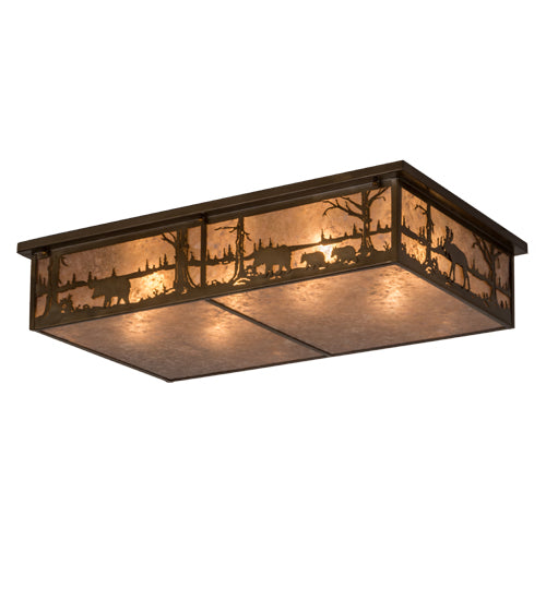 Meyda Lighting Bears and Moose at Lake 35" 8-Light Antique Copper Flush Mount Light With Silver Mica Shade Glass