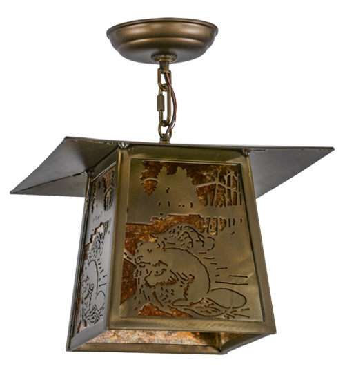 Meyda Lighting Beaver at Work 17" Antique Copper Pendant Light With Amber Mica Shade Glass