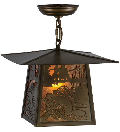 Meyda Lighting Beaver at Work 17" Antique Copper Pendant Light With Amber Mica Shade Glass