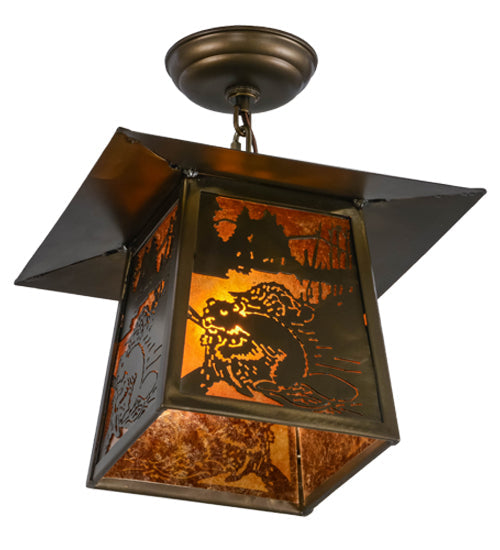 Meyda Lighting Beaver at Work 17" Antique Copper Pendant Light With Amber Mica Shade Glass