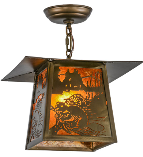 Meyda Lighting Beaver at Work 17" Antique Copper Pendant Light With Amber Mica Shade Glass
