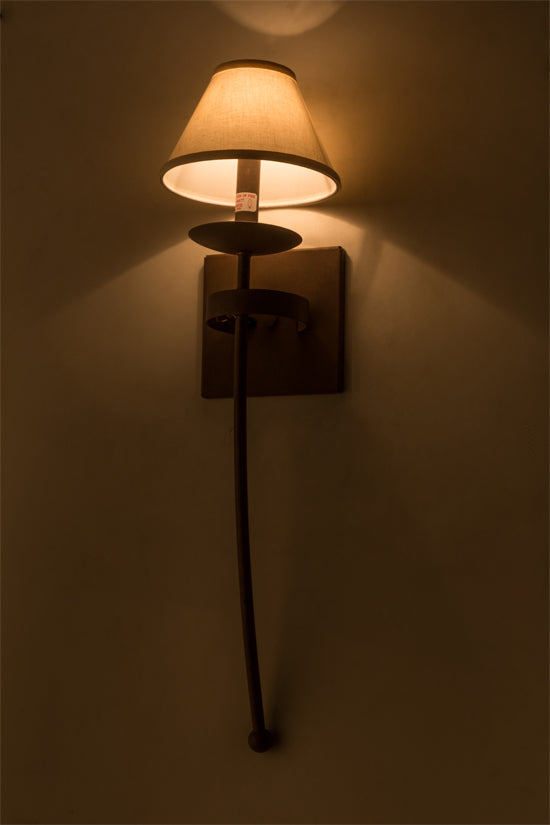 Meyda Lighting Bechar 7" Antique Rust Wall Sconce With White Natural Linen Textrene Shade