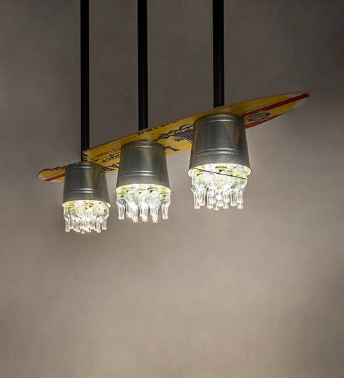 Meyda Lighting Beer 72" 3-Light Galvinized Garden LandShark Surfboard Pendant Light With Clear Landshark Beer Bottles Shade Glass
