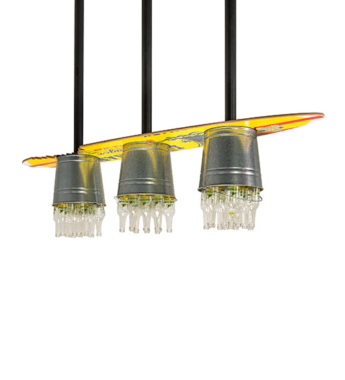 Meyda Lighting Beer 72" 3-Light Galvinized Garden LandShark Surfboard Pendant Light With Clear Landshark Beer Bottles Shade Glass