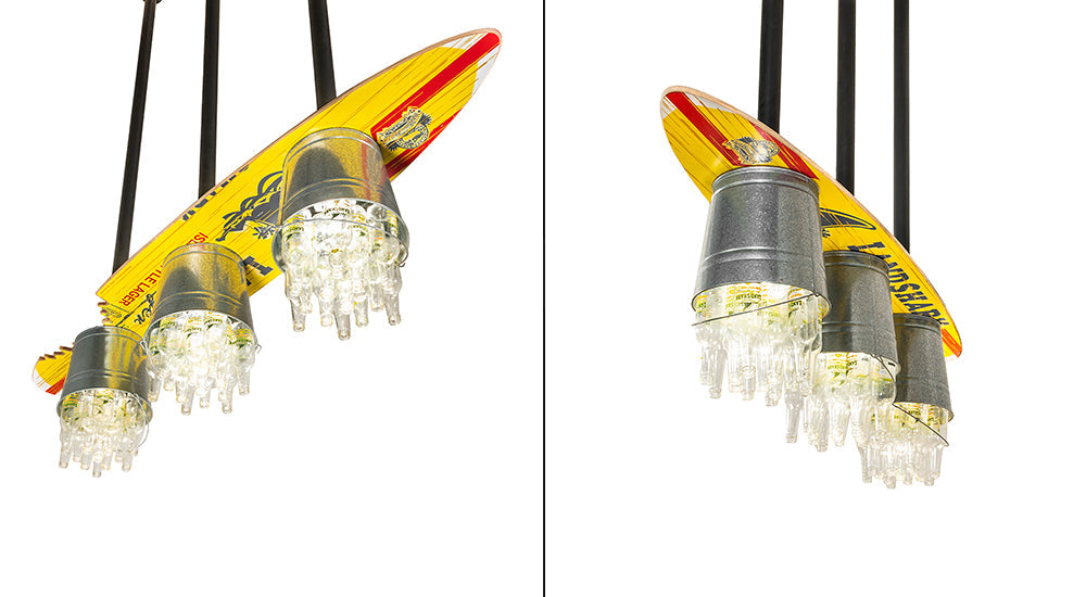 Meyda Lighting Beer 72" 3-Light Galvinized Garden LandShark Surfboard Pendant Light With Clear Landshark Beer Bottles Shade Glass