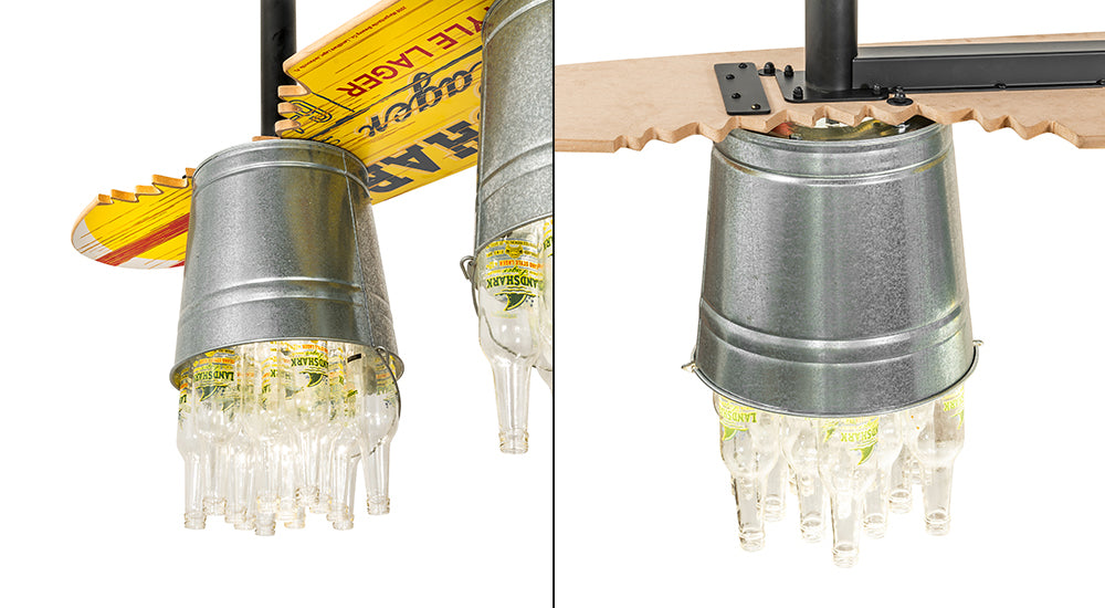 Meyda Lighting Beer 72" 3-Light Galvinized Garden LandShark Surfboard Pendant Light With Clear Landshark Beer Bottles Shade Glass