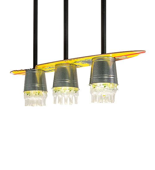 Meyda Lighting Beer 72" 3-Light Galvinized Garden LandShark Surfboard Pendant Light With Clear Landshark Beer Bottles Shade Glass