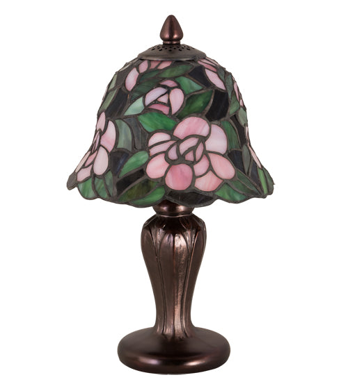 Meyda Lighting Begonia 13" Mahogany Bronze Mini Table Lamp With Pink & Green Shade Glass