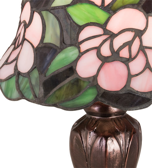 Meyda Lighting Begonia 13" Mahogany Bronze Mini Table Lamp With Pink & Green Shade Glass