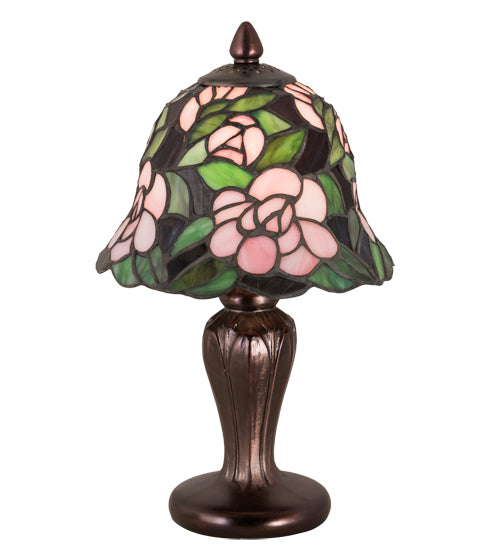 Meyda Lighting Begonia 13" Mahogany Bronze Mini Table Lamp With Pink & Green Shade Glass