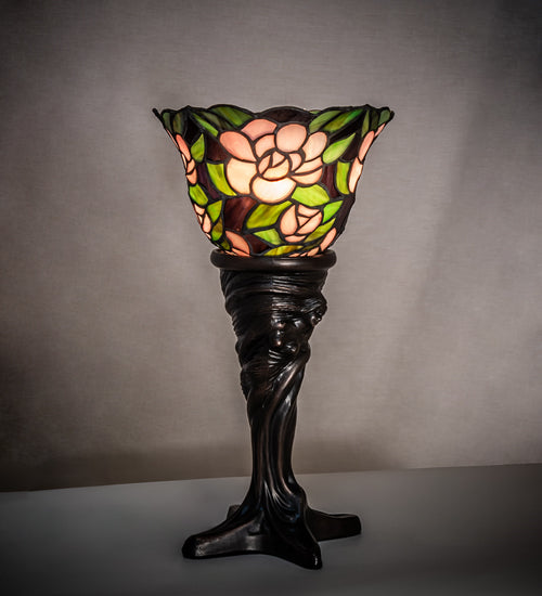 Meyda Lighting Begonia 15" Mahogany Bronze Mini Table Lamp With Ruby & Green Stained Shade Glass